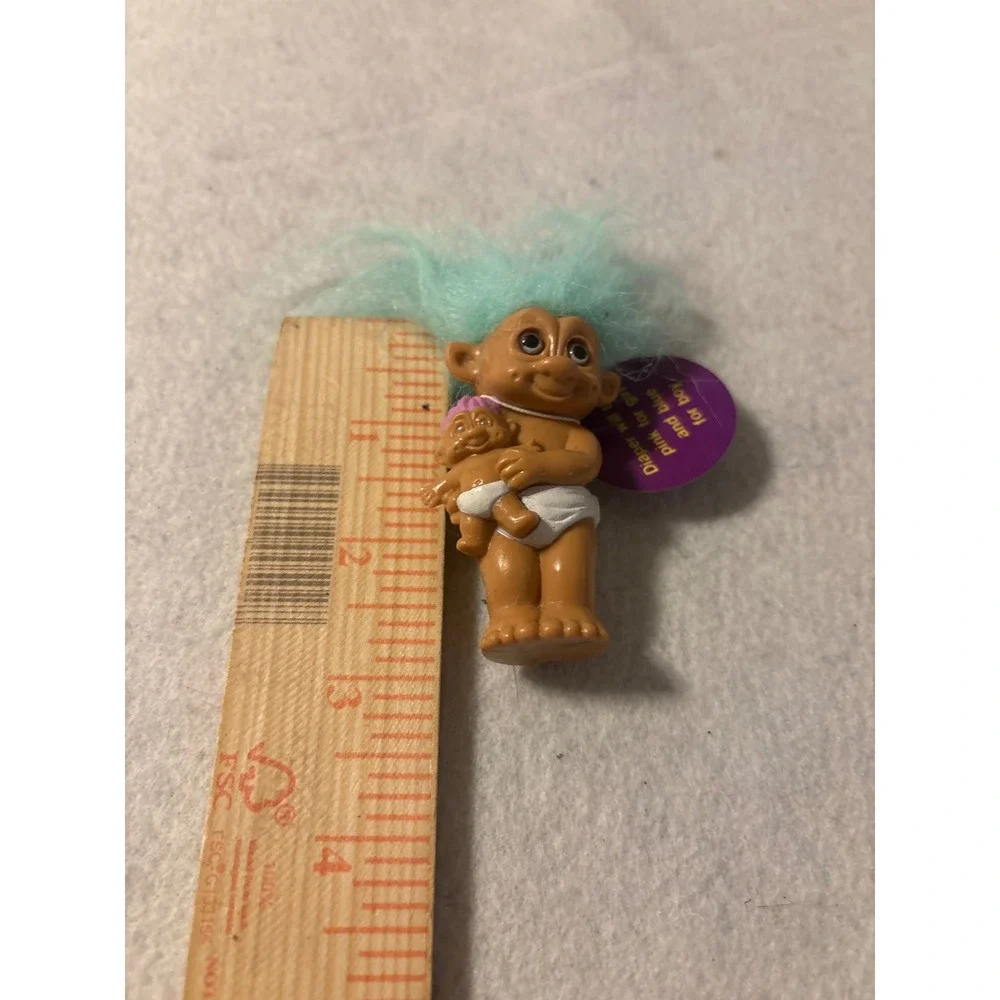 Mini Troll Doll Baby Diaper Blue Hair Holding Pink Toy Collectible